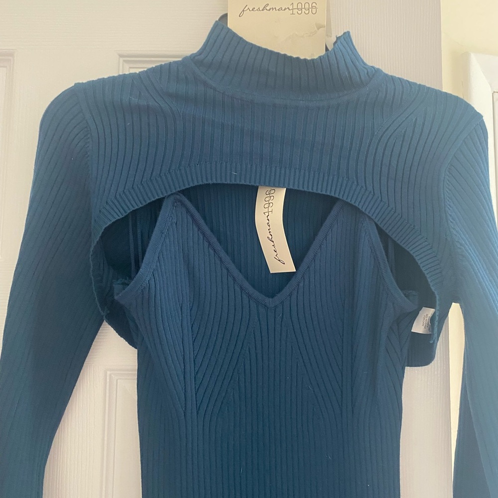 NWT 2 Piece Teal Maxi Mock Neck Dress w/Cropped Sweater Sz L